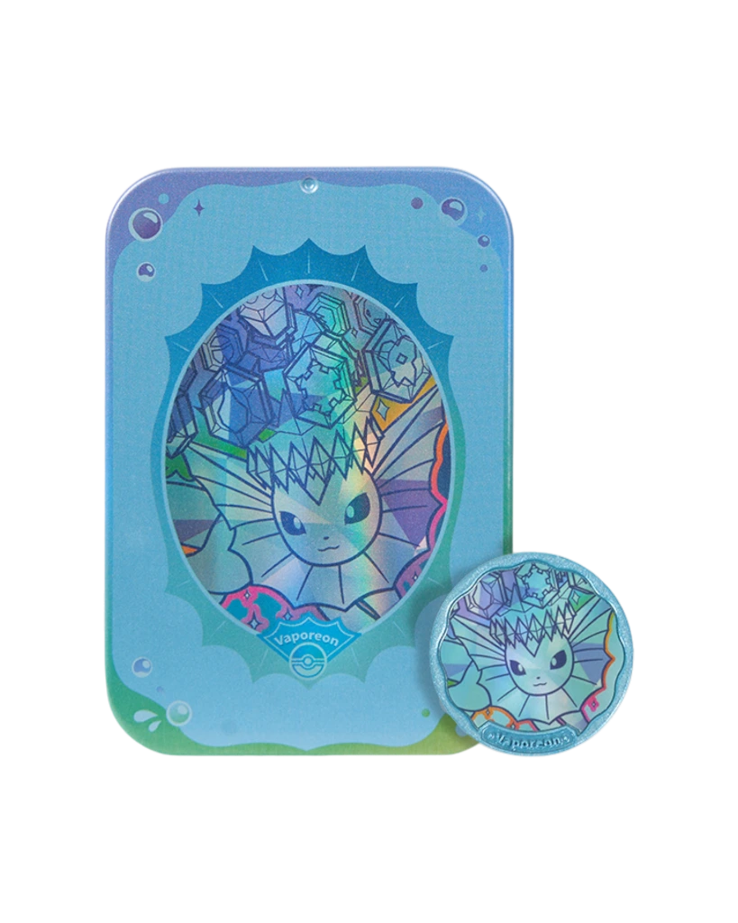 Terastal Gathering Status Coin Tin Box - Vaporeon Rare Tin.webp
